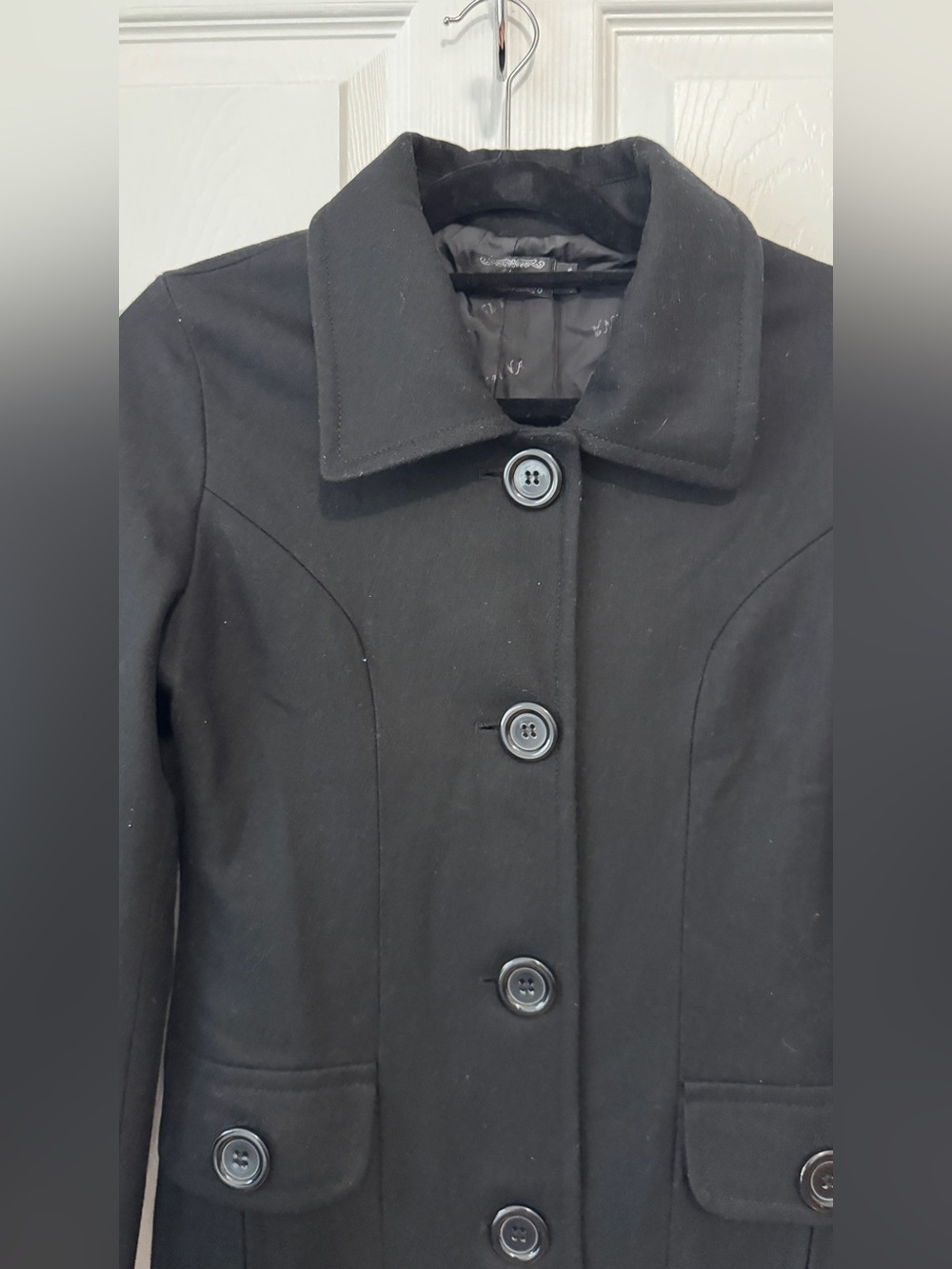Women's Black Wool-Blend Pea Coat with Button Front - Picture 3 of 7